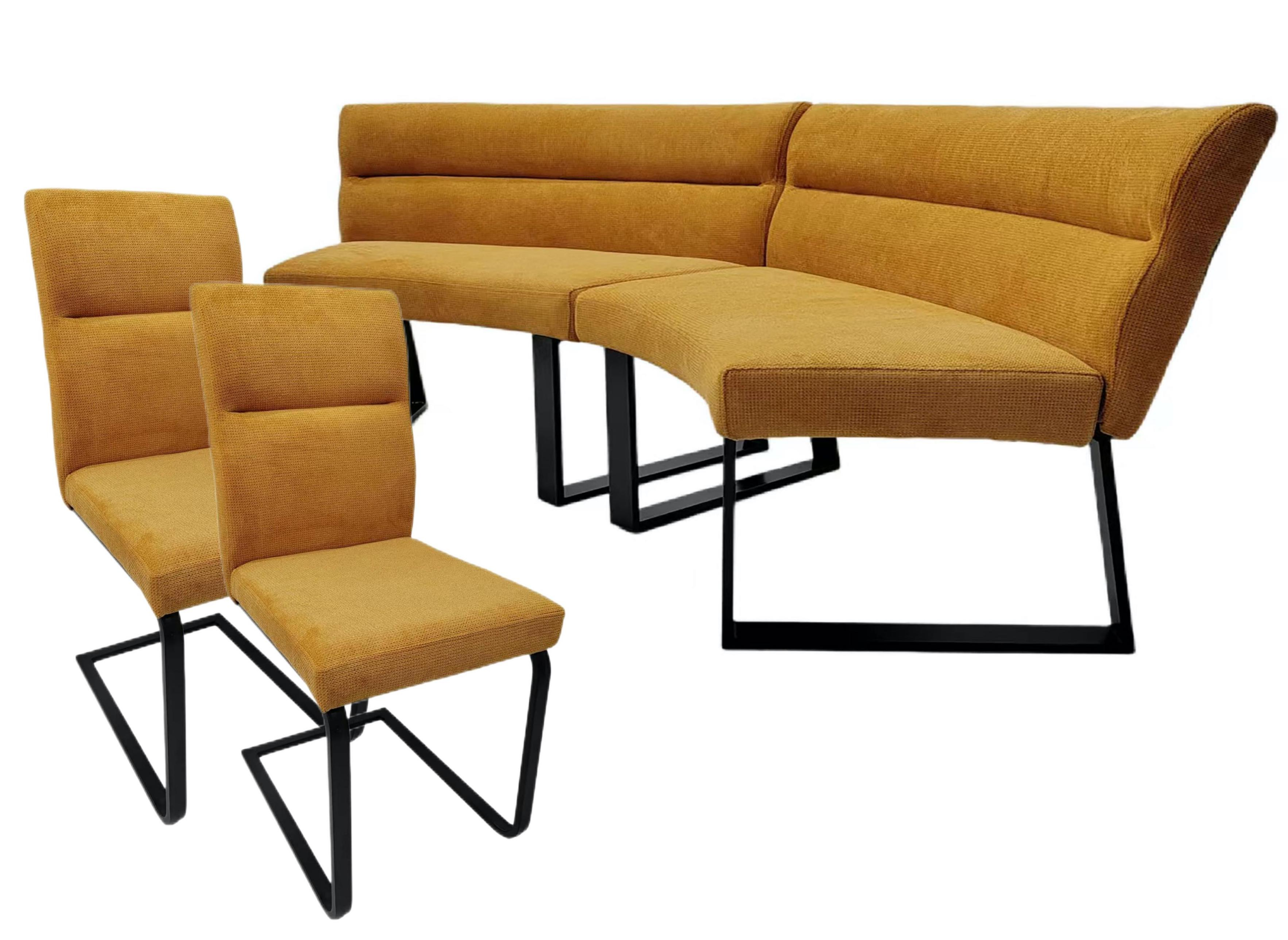 2x Essbank Polsterbank Essbank + 2x Freischwinger Esszimmerstuhl Leinenoptik