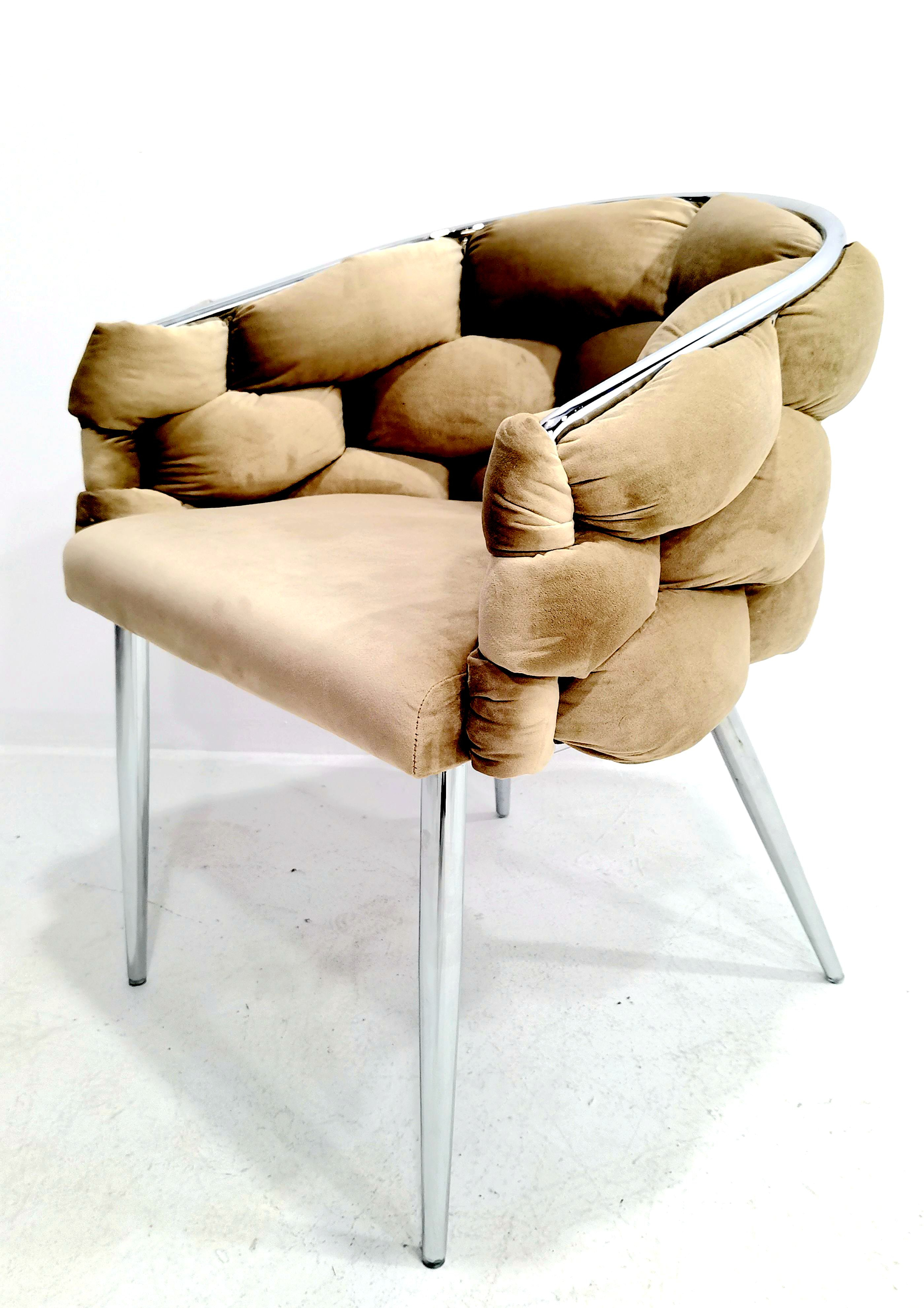 Sessel Polsterstuhl Samtbezug gepolsterter Esszimmerstuhl Metallfuß beige