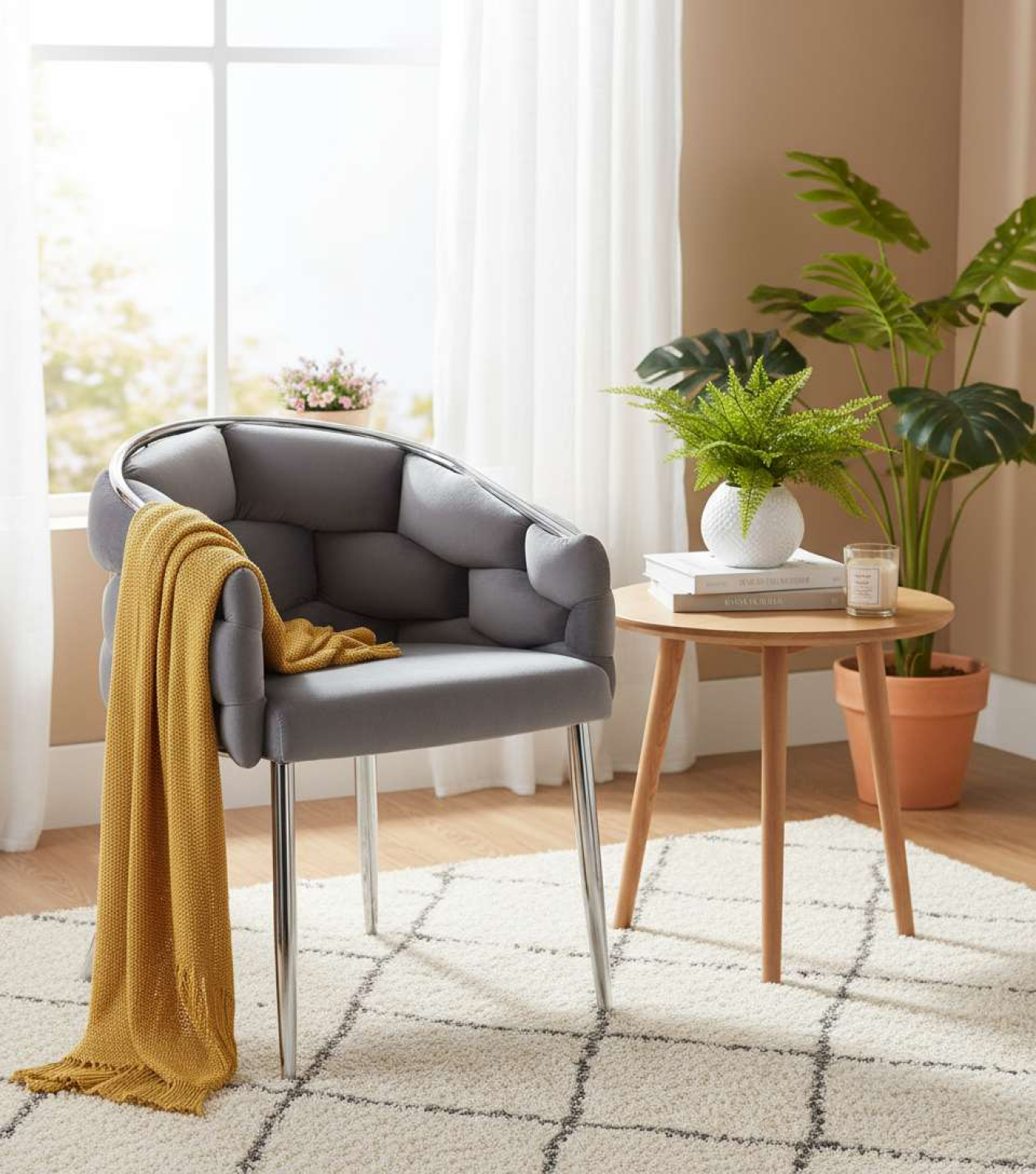 Sessel Polsterstuhl Samtbezug gepolsterter Esszimmerstuhl Metallfuß hellgrau